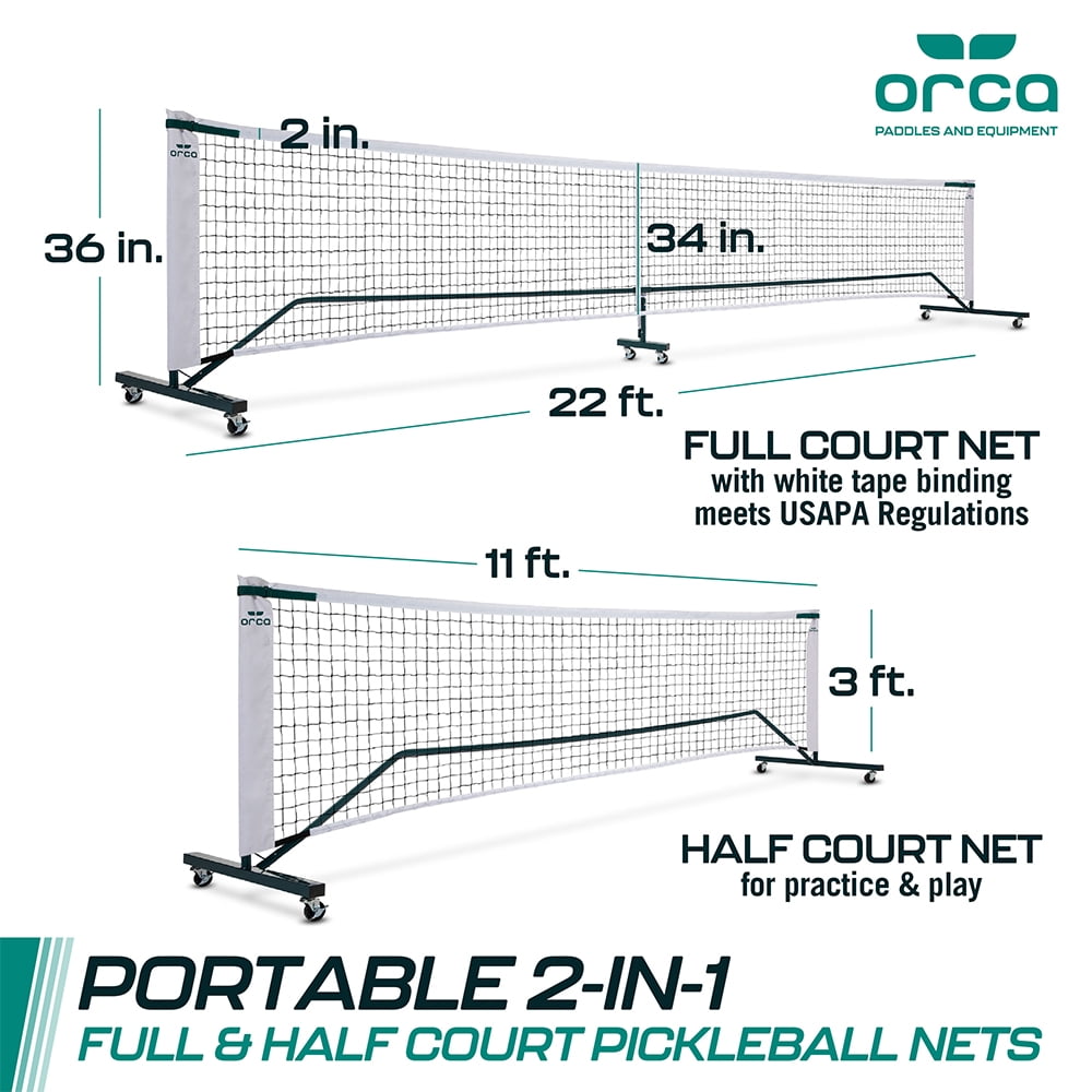 2-in-1 Pickleball Net 22-ft Full Court Meets USAPA Regulations and 11-ft Half Court Net Set with Steel Frame Poles & Locking Wheels Games by ORCA