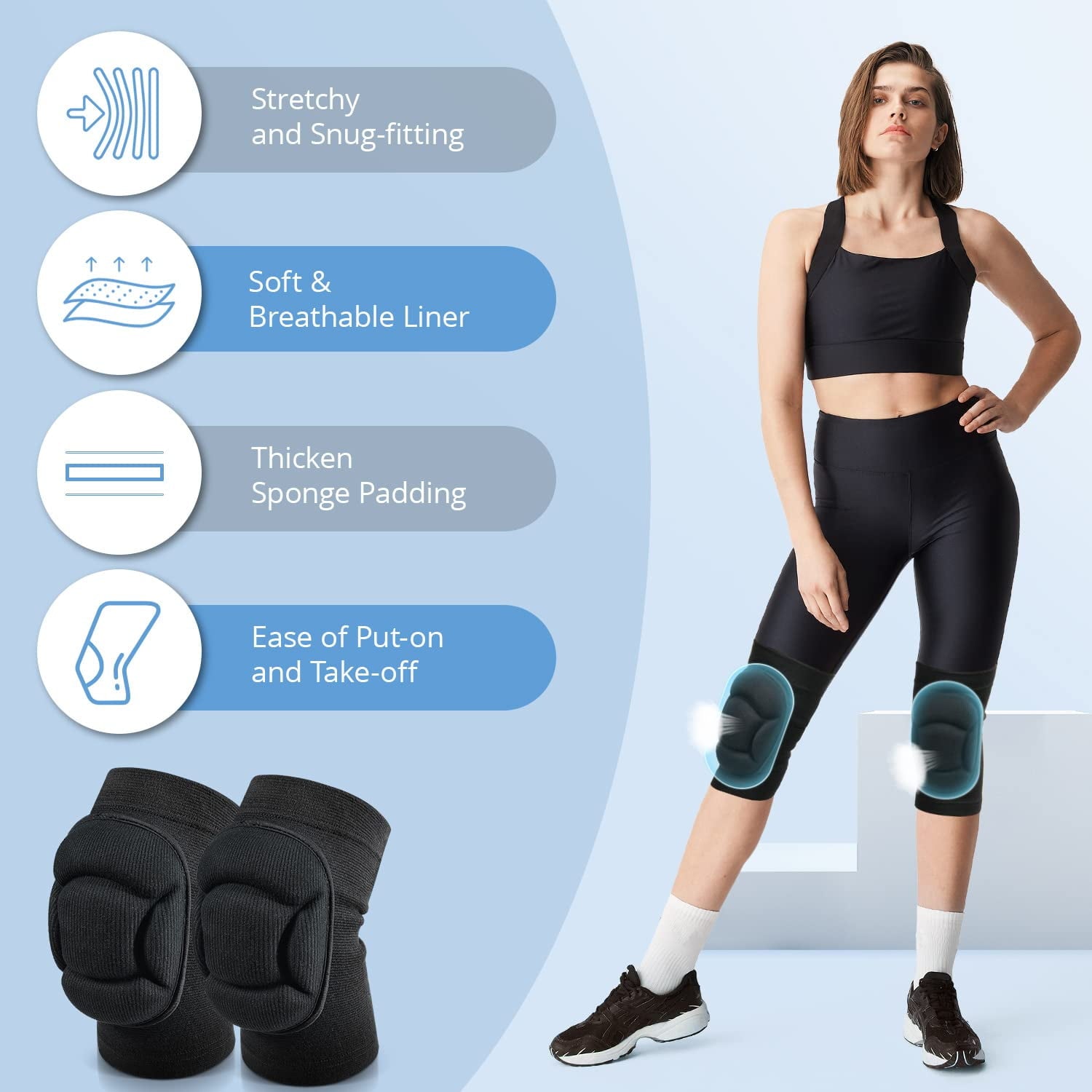 2 PCS Volleyball Knee Pads for Men Women, Thick Sponge Collision Avoidance Warm, Anti-Slip Knee Sleeve, for Football, Yoga, Dance, Work, Gardening(L,Black)SUITABLE FOR LEGCIRCUMFERENCE 42~48
